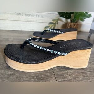 Vintage Y2K Lower East Side Foam Platform Denim Sandal w Beaded Flower Design 6